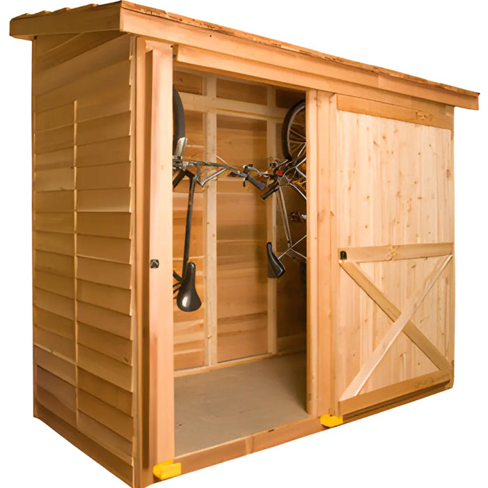 Cedarshed Lean to Bayside Shed with a bicycle inside on a white background