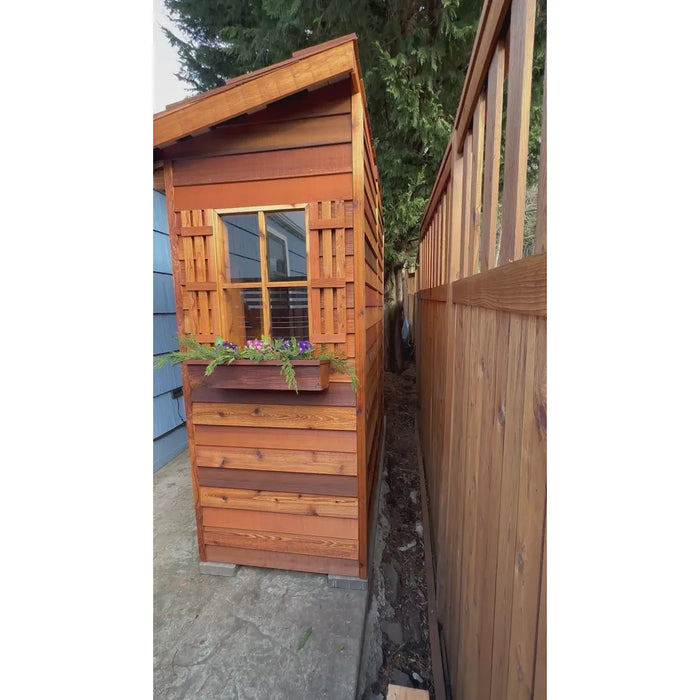 Cedarshed Bayside tall lean storage shed view showing cedar outdoor storage construction.