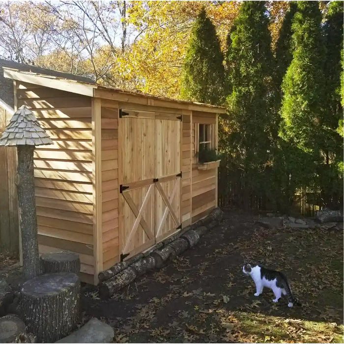 Cedarshed Bayside wood storage shed kit shown with cedar lean storage design.