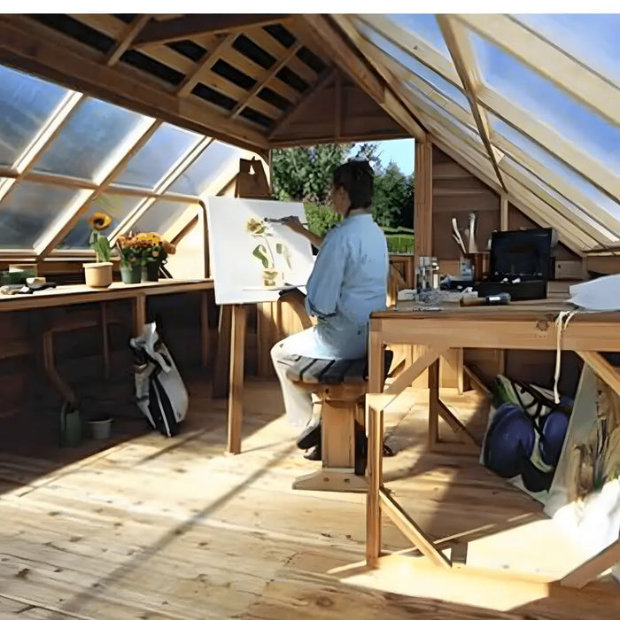 Cedarshed - Sunhouse Cedar Greenhouse - with a Lady Painting