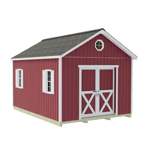 Best Barns Crafter's Connection 12x16 shed with centered gable sliding doors; optional finishes shown.