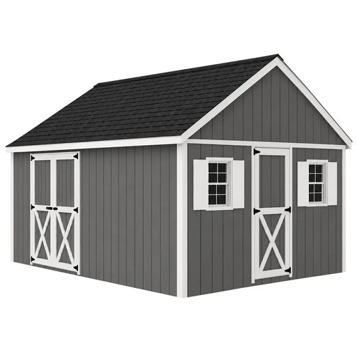 Best Barns Crafter's Connection 12x16 shed with offset eave double doors and gable walk-in door; optional windows and finished roof shown