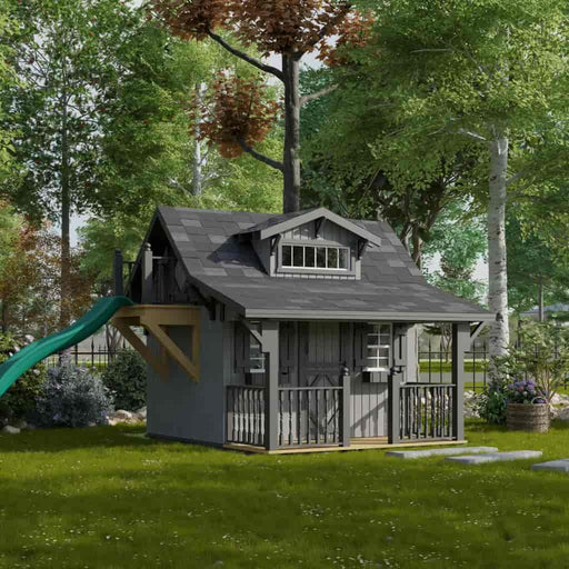 Little Cottage Co Craftsman Playhouse with a green slide in a garden setting
