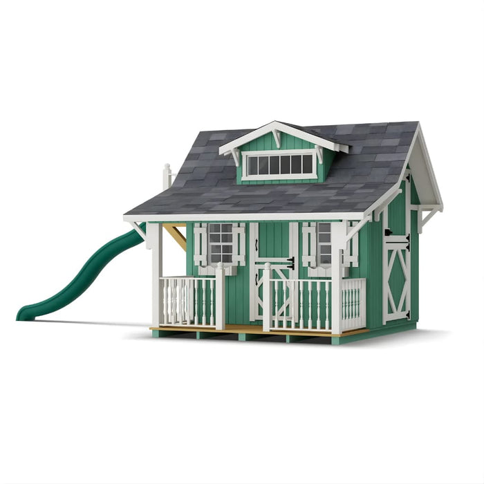 Little Cottage Co Craftsman Playhouse Kit with a slide on a white background