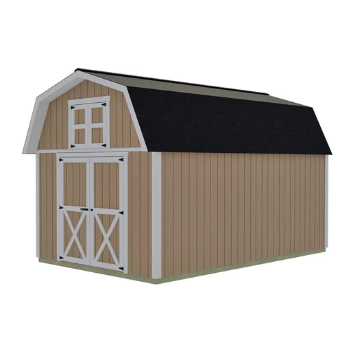 Best Barns Craftsman’s Cove 10x16 shed with centered gable doors, front and side view