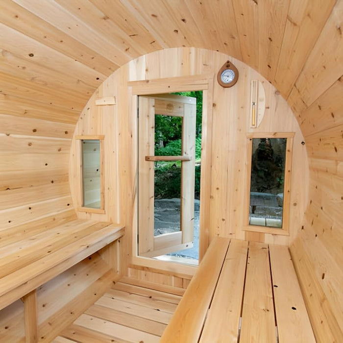 Dundalk - Canadian Timber Tranquility Outdoor Barrel Sauna CTC2345 - Interior View of Door Open