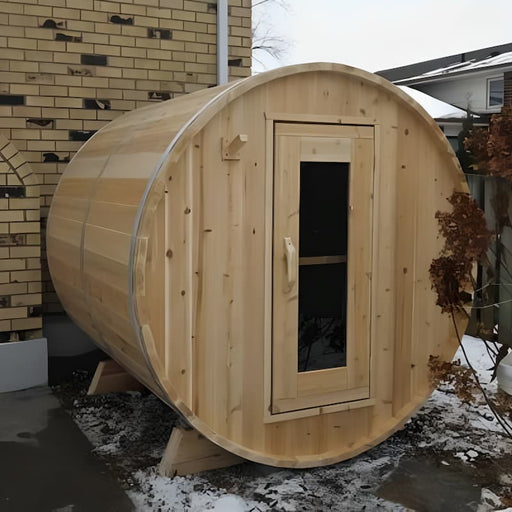 Dundalk - Canadian Timber Harmony Outdoor Barrel Sauna CTC22W - Fully Assembled in a Backyard During Snow Season