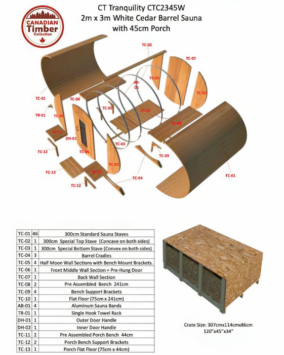 Dundalk - Canadian Timber Tranquility Outdoor Barrel Sauna CTC2345 - List of Parts