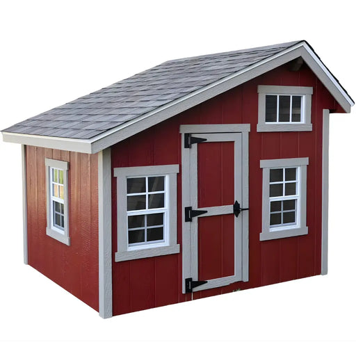 Red EZ-Fit 7x6 Playhouse Kit with gray roof and white trim on a white background
