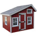 Red EZ-Fit 7x6 Playhouse Kit with gray roof and white trim on a white background