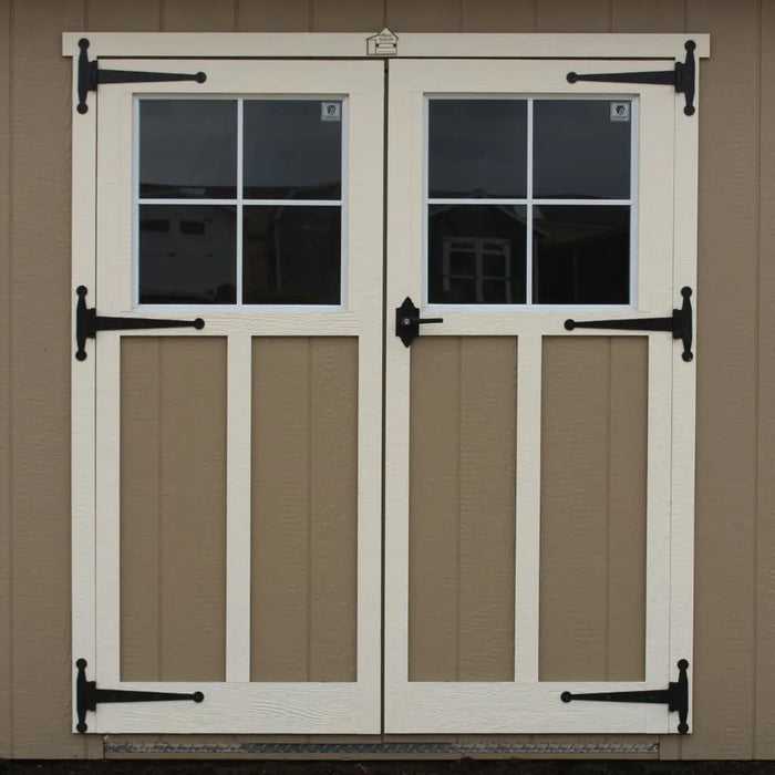 Front view of the EZ-Fit 10x14 Woodsman Shed Quick Ship double doors with transom windows.