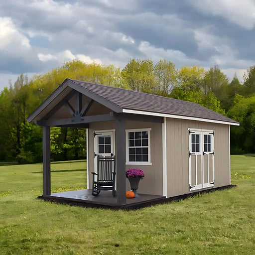 Full view of the EZ-Fit 10x14 Woodsman Shed Quick Ship with side profile and porch.