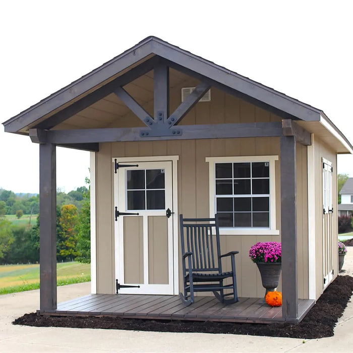 Close-up of the EZ-Fit 10x14 Woodsman Shed Quick Ship porch and timber frame posts.