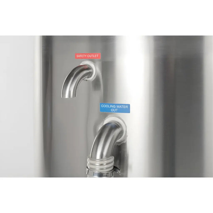 Milky Large Milk Pasteurizer Machine FJ 100 PF 29.06 Gallon safety outlet and cooling water outlet close-up