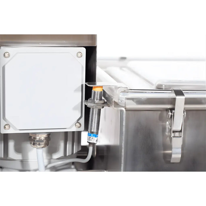 Milky Electric Butter Churn Machine FJ 32 with a Tilting Mechanism sensor and lid latch close-up