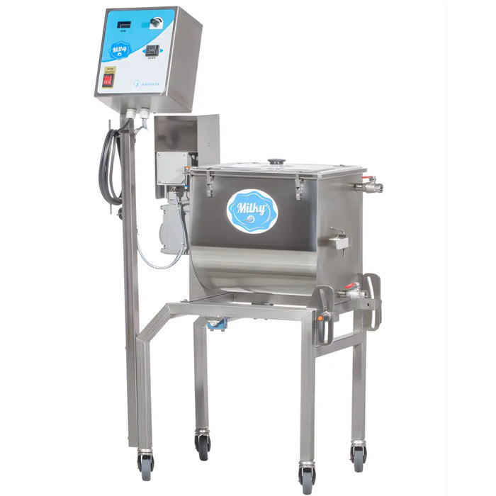 Milky FJ 32 butter churn machine with a tilting mechanism shown from side angle