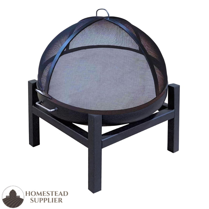 Master Flame Round Fire Pit Bowl with Four Leg Base-Square and Grate with Carbon Steel Dome Screen