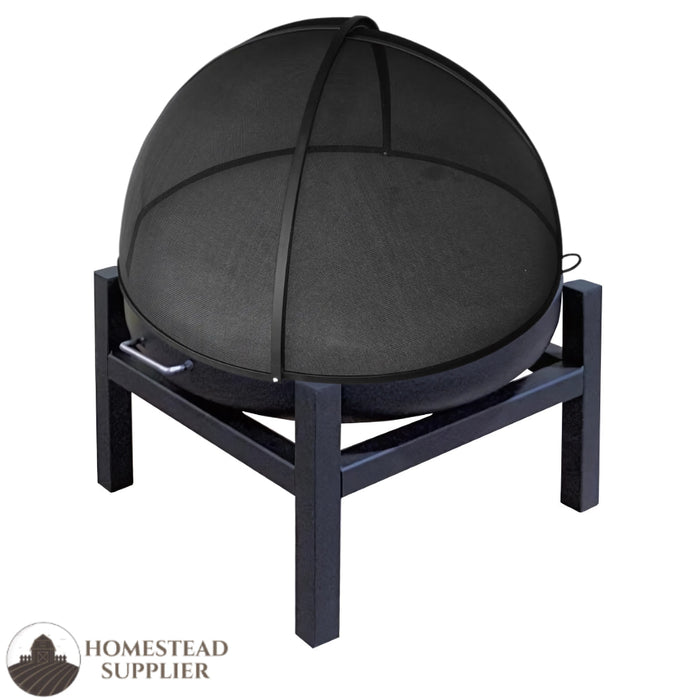 Master Flame Round Fire Pit Bowl with Four-Leg Base Square and Grate with Carbon Steel Pivot Screen