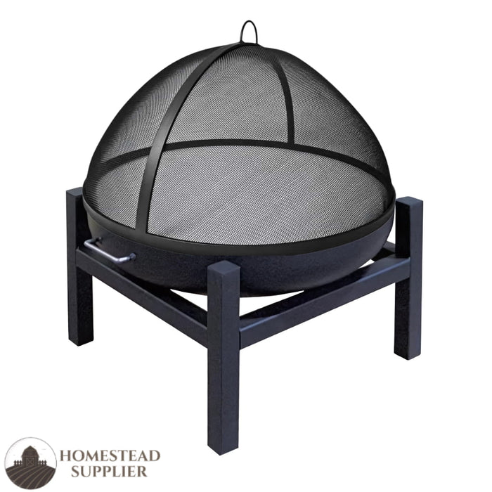 Master Flame Round Fire Pit Bowl with Four-Leg Base Square and Grate with Hybrid Steel Dome Screen
