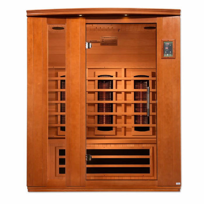 Golden Designs Dynamic Lugano 3-Person Full Spectrum Infrared Sauna with Near Zero EMF in Canadian Hemlock - Front
