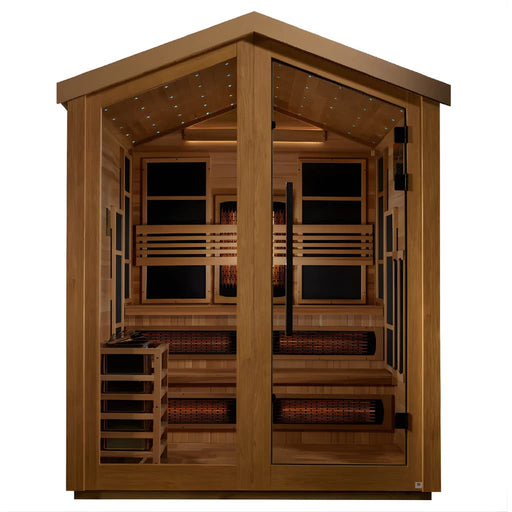 Golden Designs - Kaskinen 6-Person Barn Hybrid Full Spectrum Infrared/Traditional Stove Outdoor Sauna - Front