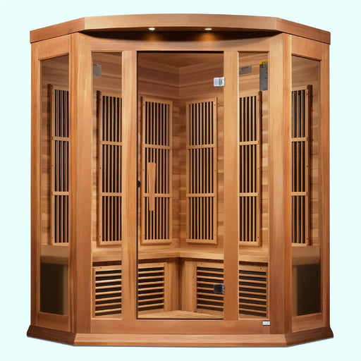 Golden Designs Maxxus Avignon Edition Corner 3-Person FAR Infrared Sauna Near Zero EMF in Canadian Red Cedar - Front