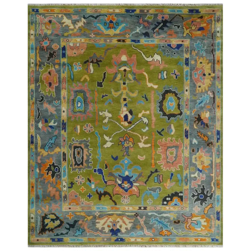 Green, Gray and Peach Oushak rug in the 8x10 size, shown flat.
