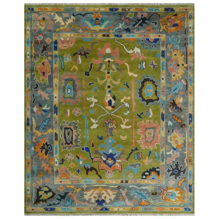 Green, Gray and Peach Oushak rug in the 8x10 size, shown flat.