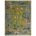 Green, Gray and Peach Oushak rug in the 9x12 size, shown flat.