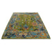 Full Green, Gray and Peach Oushak rug viewed from the fringe end.