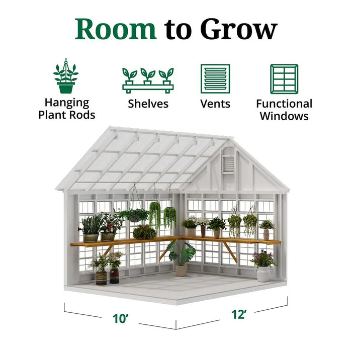 Little Cottage Co. 10x12 Colonial Gable Greenhouse interior shelving view