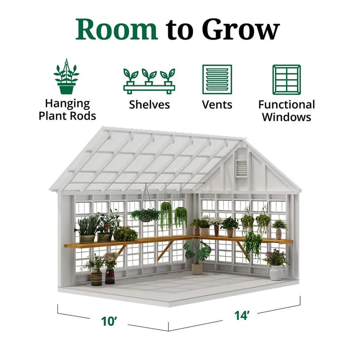 Little Cottage Co. 10x14 Colonial Gable Greenhouse interior shelving view