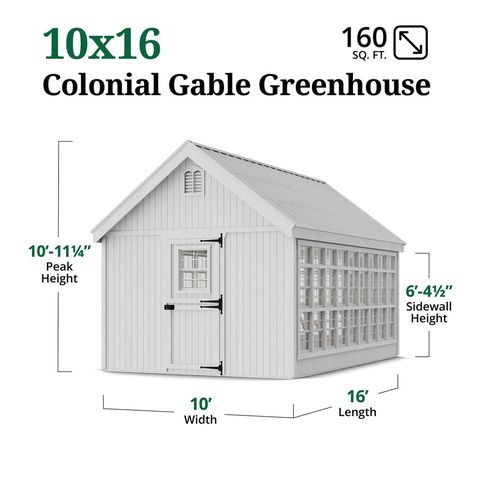 Little Cottage Co. 10x16 Colonial Gable Greenhouse dimensions diagram