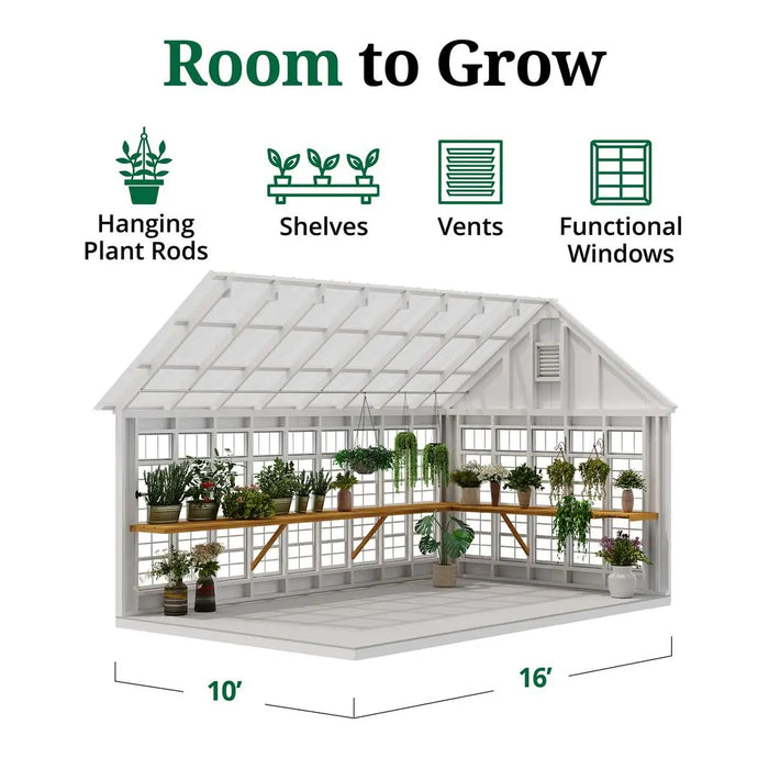 Little Cottage Co. 10x16 Colonial Gable Greenhouse interior shelving view