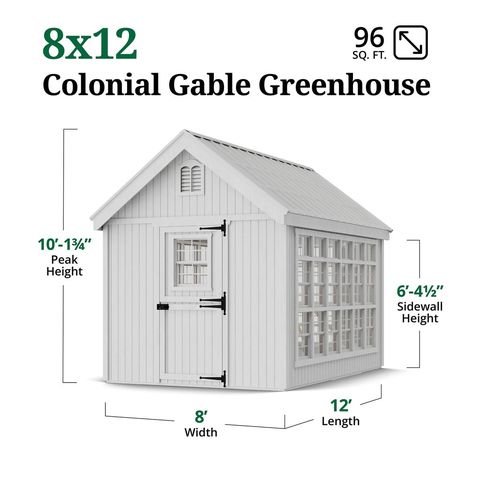 Little Cottage Co. 8x12 Colonial Gable Greenhouse dimensions diagram