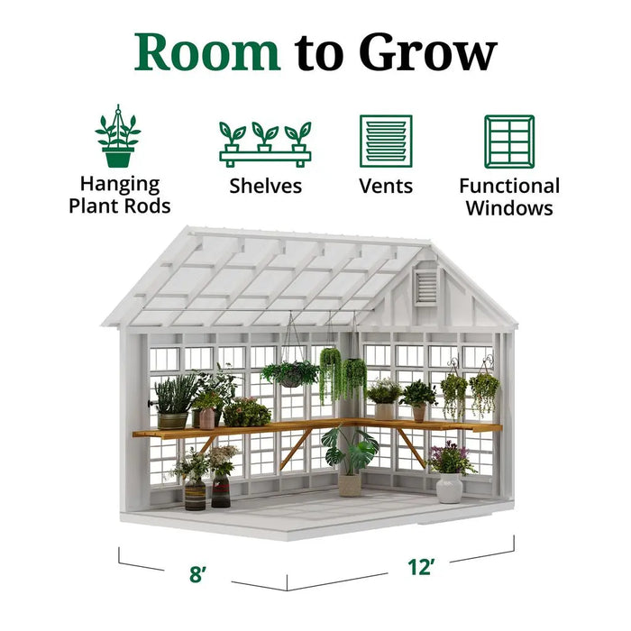 Little Cottage Co. 8x12 Colonial Gable Greenhouse interior shelving view