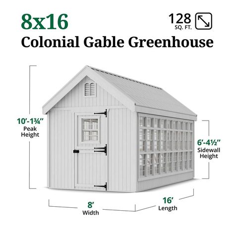 Little Cottage Co. 8x16 Colonial Gable Greenhouse dimensions diagram