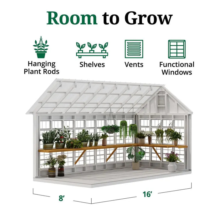 Little Cottage Co. 8x16 Colonial Gable Greenhouse interior shelving view