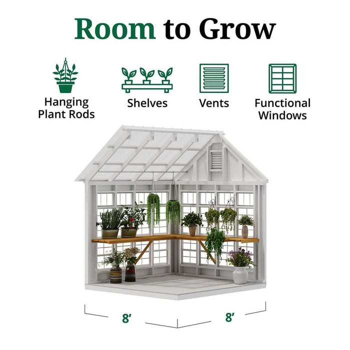 Little Cottage Co. 8x8 Colonial Gable Greenhouse interior shelving view