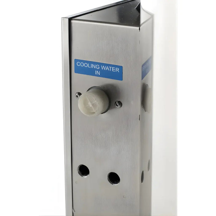 Milky Large Milk Pasteurizer Machine FJ 100 PF 29.06 Gallon cooling water inlet close-up