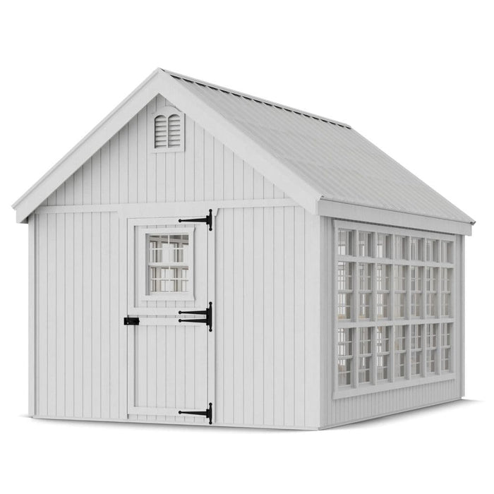 White little cottage co 10x14 colonial greenhouse gable with a door and windows on a white background