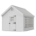 White little cottage co 10x14 colonial greenhouse gable with a door and windows on a white background