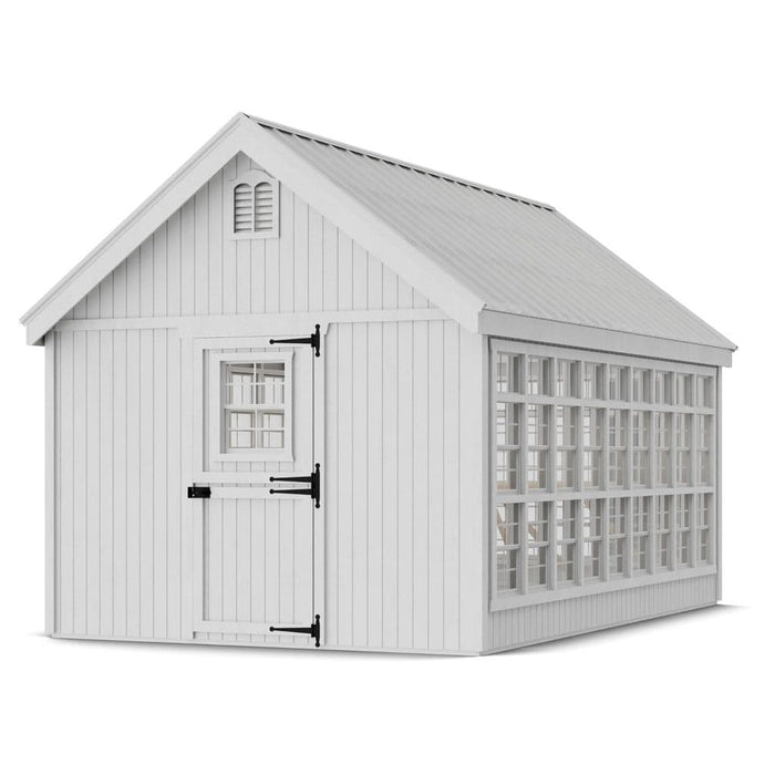 White little cottage co 10x16 colonial greenhouse gable with a door and window on a white background