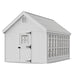 White little cottage co 10x16 colonial greenhouse gable with a door and window on a white background