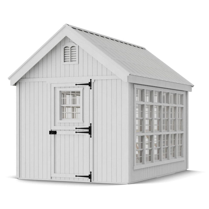 White little cottage co 8x12 colonial greenhouse gable with a dutch door and window on a white background