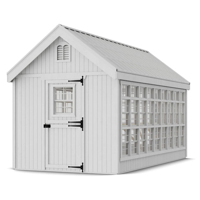 White little cottage co 8x16 colonial greenhouse gable with a dutch door and window on a white background