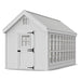 White little cottage co 8x16 colonial greenhouse gable with a dutch door and window on a white background