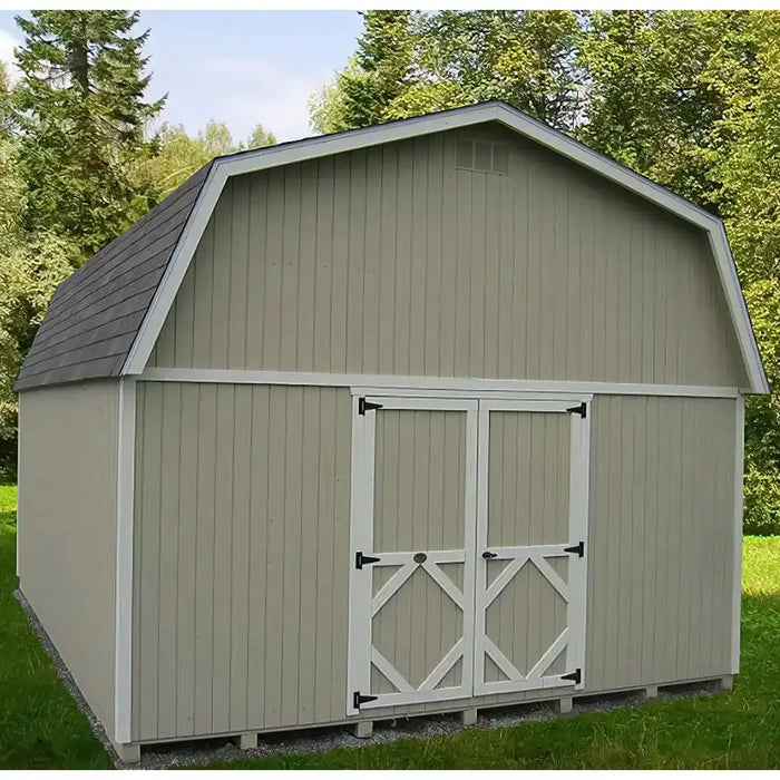 Beige little cottage co large barn with a osb roof in a green outdoor setting