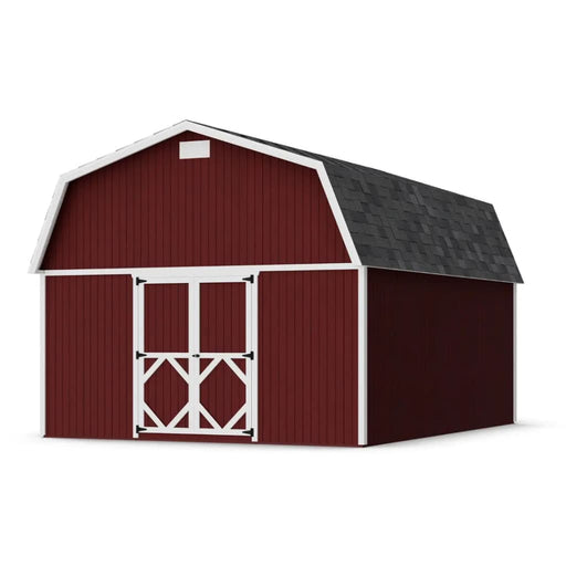 Red little cottage co classic gambrel large barn shed with a osb roof on a white background