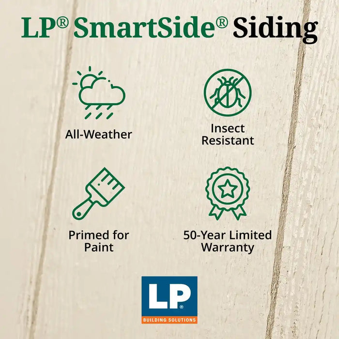 LP SmartSide Siding features with icons and text on a wooden background